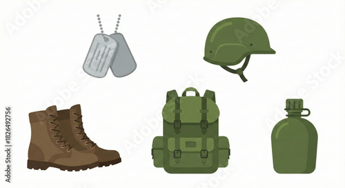 Set of essential army gear and soldier accessories for military service and combat operations