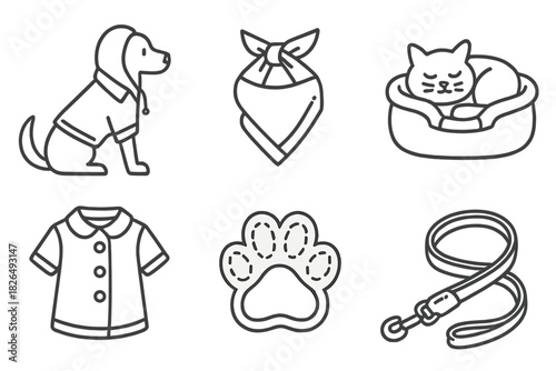 Pet Upcycled Fashion Icons. Line style icons of upcycled fashion for pets: dog hoodie from shirt, bandana from sleeve, cat bed