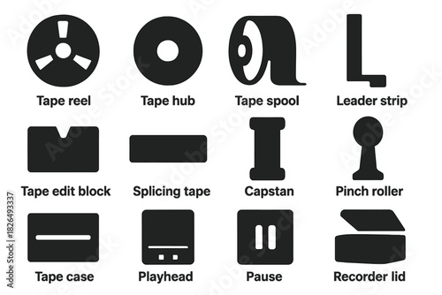 Tape Icons Collection. Solid style icons of Tape Technology: Open Reel, Tape Hub, Tape Spool, Leader Strip, Tape Edit Block,