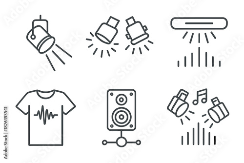 Line Style Show Icons. Line style icons of light and audio in digital shows: spotlight beam icon, synchronized strobe effect,