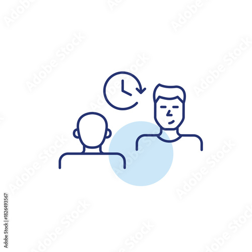 2 men talking and clock. Scheduled appointment, timed consultation and therapy session. Pixel perfect, editable stroke vector icon