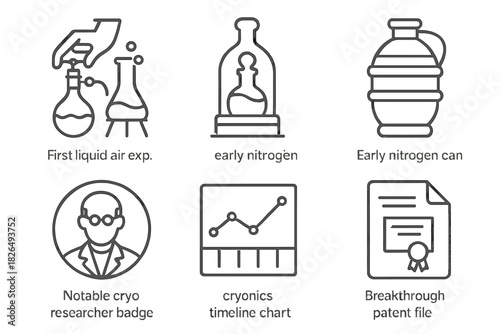 Cryogenics History Icons. Line style icons of history and milestones in cryogenics: first liquid air experiment icon, historical