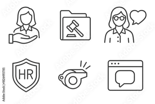 Whistleblower Support Icons. Line style icons of whistleblower support: employee assistance icon, legal aid folder, mental health