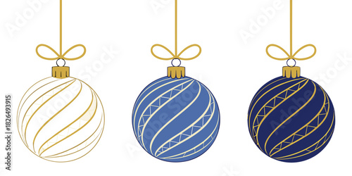 Three Christmas Ornaments in Gold Blue and Navy with Geometric Patterns Keywords: christmas ornament, bauble, decoration, holiday, festive, celebration, christmas, hanging, gold, blue, navy