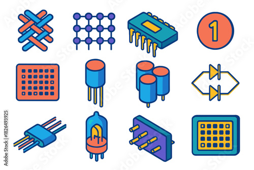 Analog Memory Icons. Isometric vector illustration set Analog Memory: woven rope structure, ferrite magnetic lattice, early chip,