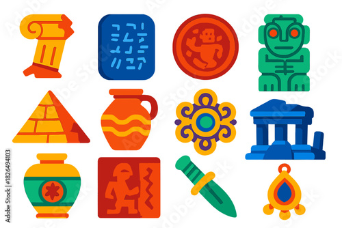 Forgotten Civilizations Icons. Flat vector icons of Forgotten Civilizations: broken column, stone tablet, ancient seal, carved