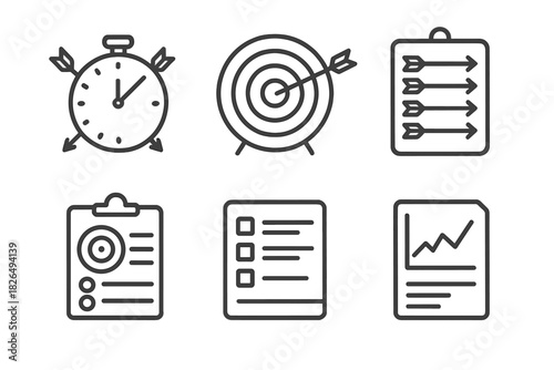 Mounted Archery Icons. Line style icons of mounted archery scoring systems: timing clock with arrows, score zone target chart,