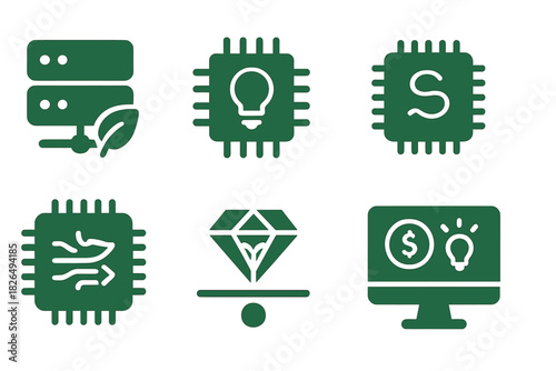 Eco-Friendly Tech Icons. Solid style icons of energy-efficient computing: low-power shard units, light-optimized chips, minimal
