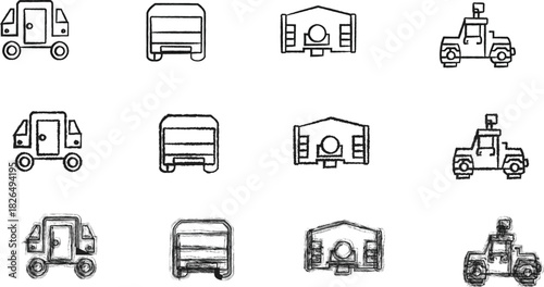Hand-Drawn Doodle Icon Set Illustrating Transportation, Storage, and Building Structures in Simple Line Art