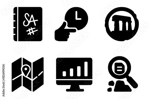 Site Vandalism Icons. Solid style icons of site vandalism archives: logbook with tags icon, icon timestamp glyph, site map ring.