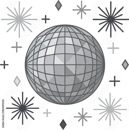Simple Vector Disco Ball Illustration with Sparkles and Geometric Shapes