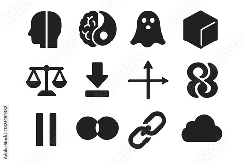 Dualism vs. Physicalism Icons. Solid style icons of dualism vs. physicalism: divided head, yin-yang brain, ghostly spirit,