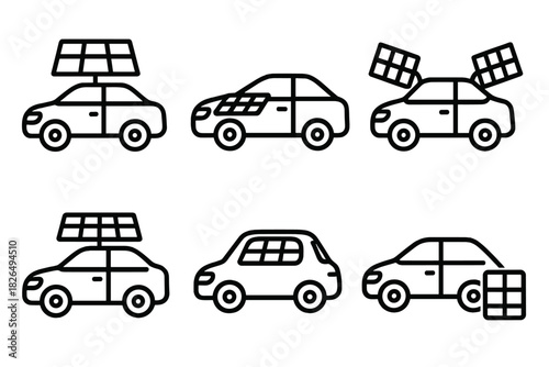 Solar Panel Vehicle Icons. Line style icons of solar panel placements on vehicles: rooftop solar grid, panel on hood, fold-out