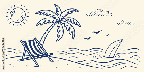 Hand Drawn Beach Scene with Palm Tree Deck Chair and Shark Fin Keywords: beach, sand, ocean, sea, waves, palm tree, deck chair, sun, clouds, birds, shark, shark fin, summer, vacation, holiday