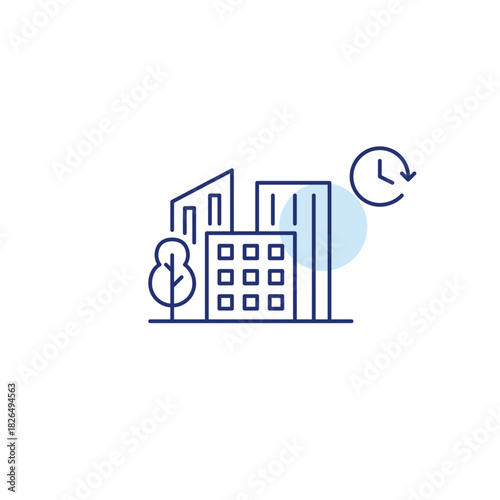 City buildings, tree and clock. Urban planning, time zones. Pixel perfect, editable stroke vector icon.