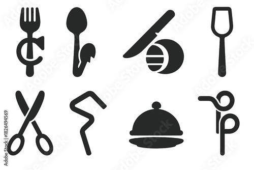 Trick Utensils Icons. Solid style icons of trick utensils: reverse-spinning fork, spoon with glitch tip, knife that reforms slices