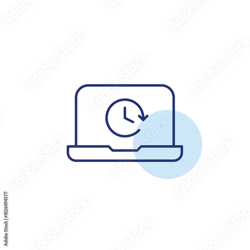 Clock on laptop. Work hours, project deadline and user screen time. Pixel perfect, editable stroke vector icon