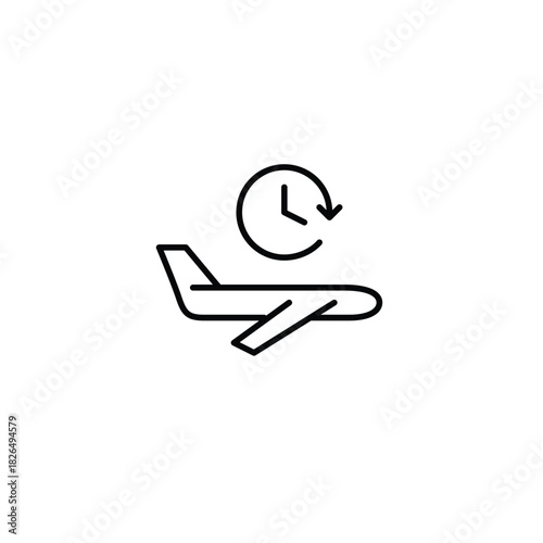 Plane flying and clock. Boarding time reminder, flight schedule. Pixel perfect, editable stroke vector icon