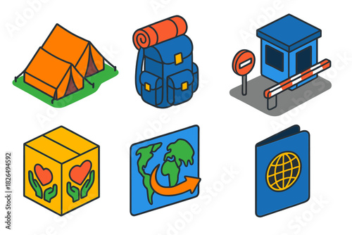 Refugee Icons Set. Isometric vector illustration set Refugee Studies: refugee camp tents, backpack with belongings, border
