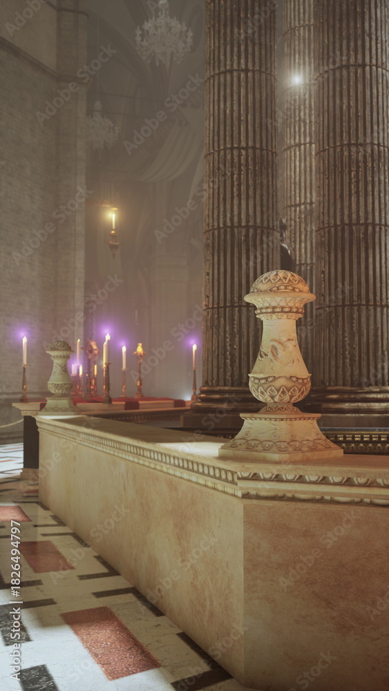 Fototapeta premium Soft candlelight flickers in an ancient temple, illuminating tall, ornate columns. The peaceful ambiance invites reflection and tranquility, while rich textures enhance the spiritual experience.