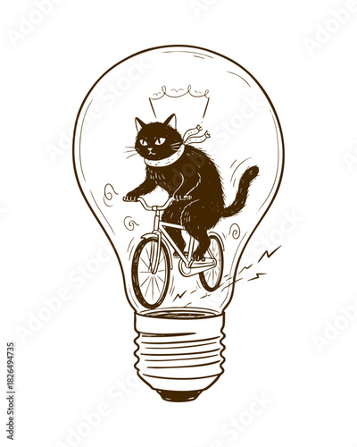 Cat Riding a Bicycle Inside a Light Bulb to Power the Light — Line Art Illustration