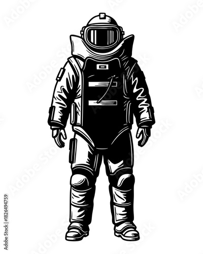 Bomb Disposal Technician Wearing Protective Suit — Black and White Line Art Illustration
