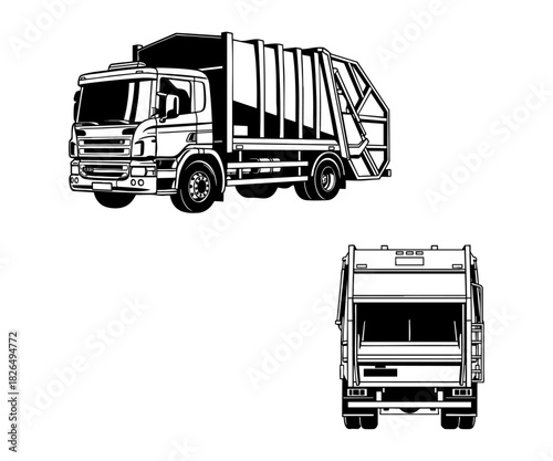 Garbage Collection Truck with Rear Loading Mechanism — Black and White Line Art Illustration