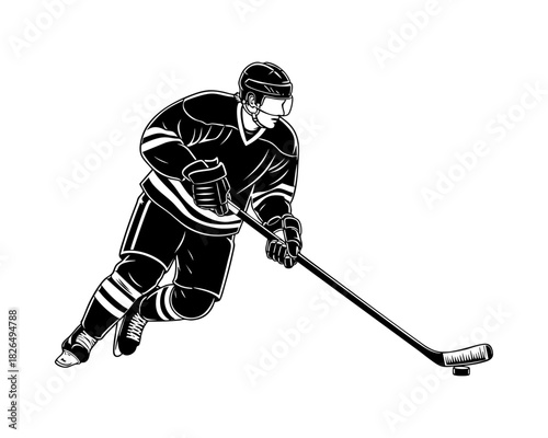 Ice Hockey Player in Action with Stick and Skates — Black and White Line Art Illustration