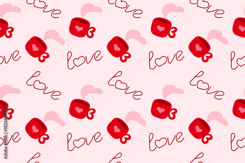 seamless pattern featuring cute heart cups and love lettering adds a warm romantic feel. Ideal for Valentine’s Day, February 14 themes, happy celebration visuals, romance and relationship designs