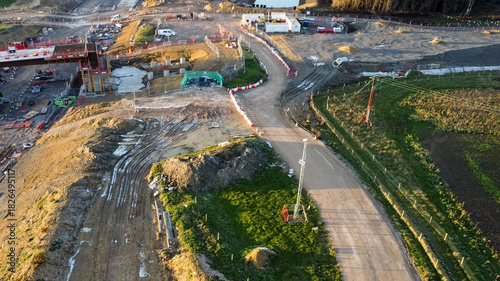 Aerial view of road building infrastructure. A417 bypass, Cotswolds, UK