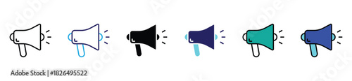 Megaphone marketing icons collection. Promotion, sale announcement, broadcast message, and advertising communication vector elements.