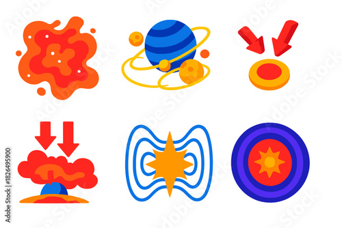 Space Phenomena Icons. Isometric vector illustration set Effects on Surrounding Space: ionized gas cloud, disrupted planetary