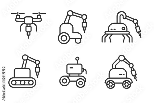Mobile Tattoo Robots. Line style icons of mobile tattoo robots: tattoo drone system, rolling ink bot, autonomous tattoo crawler,
