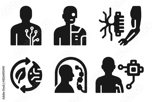 Human-Machine Hybrid Icons. Solid style icons of human-machine hybrid design: body with circuits overlay, half-robot torso,