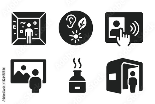 Experiential Retail Icons. Solid style icons of experiential retail: immersive room icon, multi-sensory zone badge, interactive