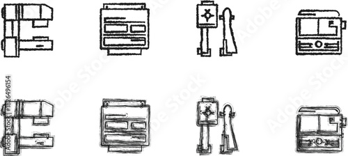 Hand-Drawn Collection of Simple Line Art Icons Featuring Everyday Objects and Transportation Sketches