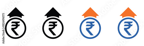 Cost increase vector icons, rupee increase symbols, upward trend arrows, financial growth indicators