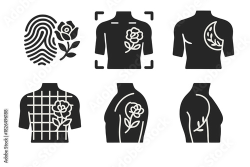 Biometric Tattoo Match. Solid style icons of biometric tattoo matching: fingerprint to tattoo icon, body-scan stencil match,