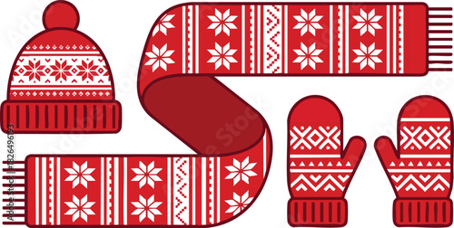 Winter Hat Scarf Mittens Set Nordic Pattern Red and White
