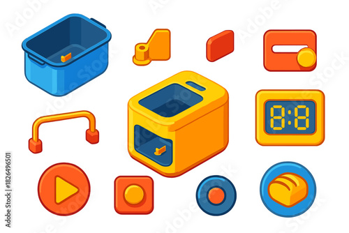 Baking Tools Icons. Isometric vector illustration set Baking tools – bread machine pan, kneading paddle, lid hinge; pan handle,