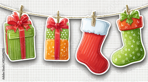 Festive Christmas Gift Boxes and Decorative Stockings Hanging on a Clothesline, Holiday Season Celebration Theme