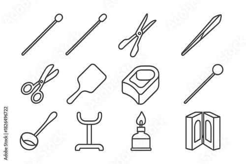 Glassblowing Tools Icons. Line style icons of traditional glass tools: blowpipe, punty iron, diamond point, brass tweezers; shears