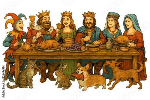 Joyful Medieval Banquet. Medieval banquet with kings, queens, jesters, and happy animals stealing food under the long wooden table