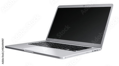 Sleek silver laptop isolated on transparent background with a black screen