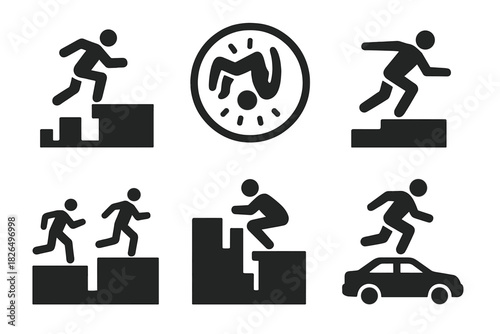 Cinematic Parkour Icons. Solid style icons of cinematic parkour moments: hero leap scene icon, slow-mo flip badge, climactic jump