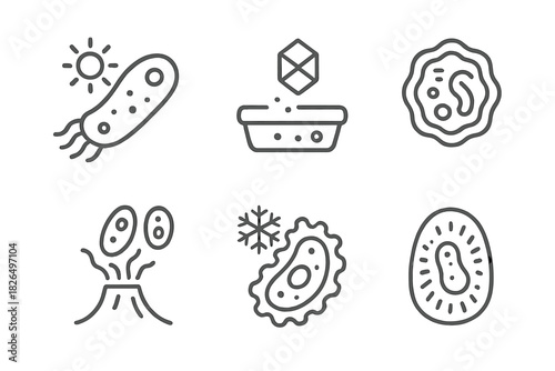 Extremophile Line Icons. Line style icons of extremophiles in astrobiology: thermophile microbe, halophile icon, acidophile cell,