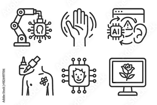 AI Tattoo Training Icons. Line style icons of AI training for tattoo bots: machine learning tattoo set, hand motion dataset, error