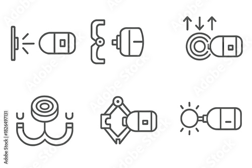Space Capsule Docking Icons. Line style icons of capsule docking system: capsule alignment laser, station docking clamps,