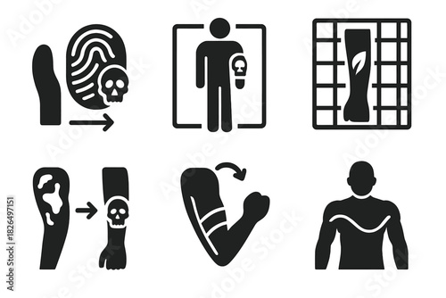 Biometric Tattoo Match. Solid style icons of biometric tattoo matching: fingerprint to tattoo icon, body-scan stencil match,