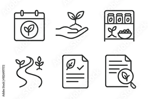 Ethnobotany Sustainability Icons. Line style icons of sustainability in ethnobotany: seasonal harvest calendar, replanting hand